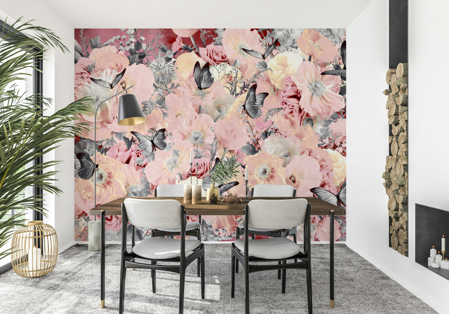 An artistic delicate bloom and butterfly mural on minimalist wallpaper.