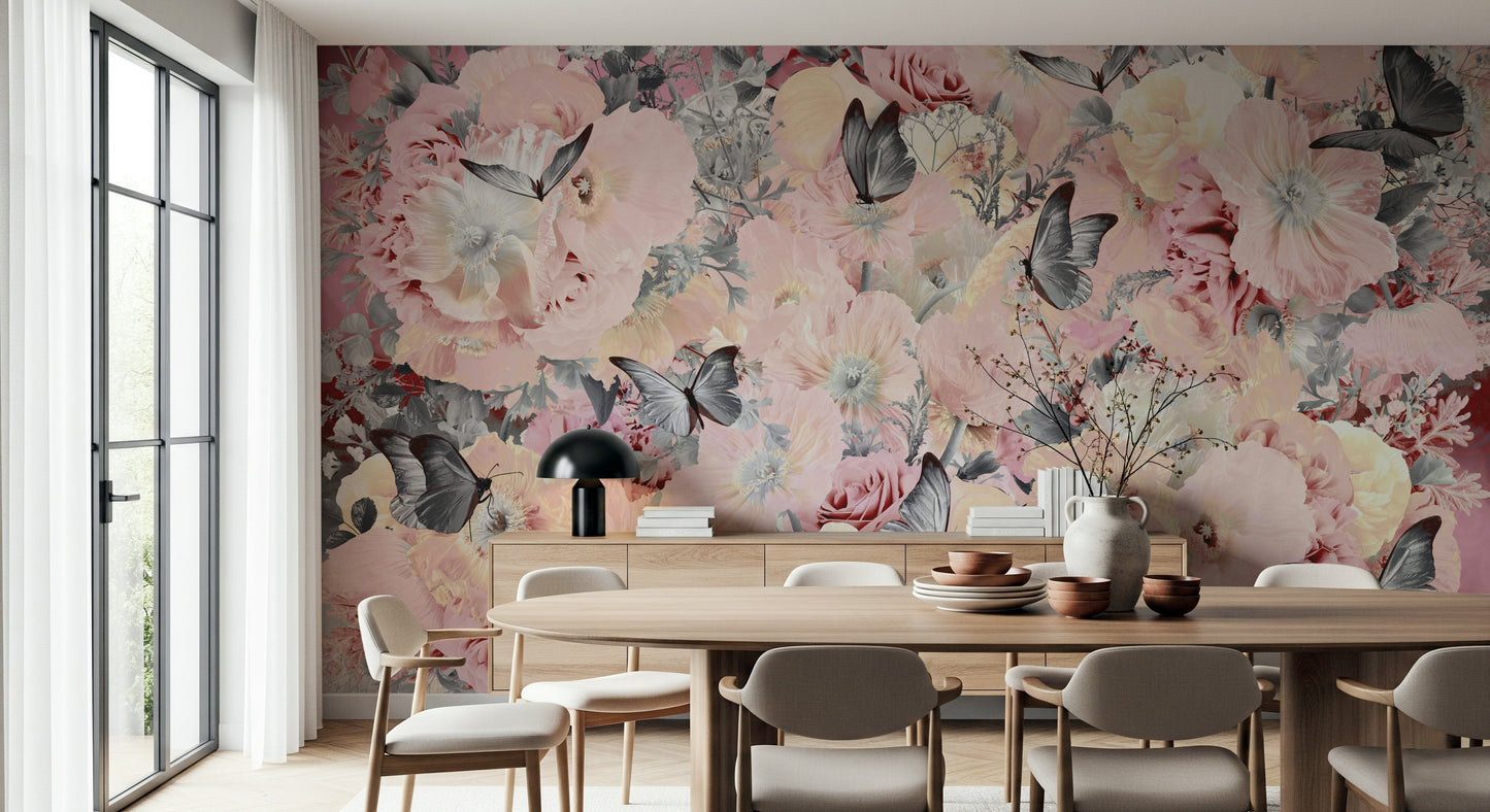 A calming butterfly design wallpaper mural that defines a space.