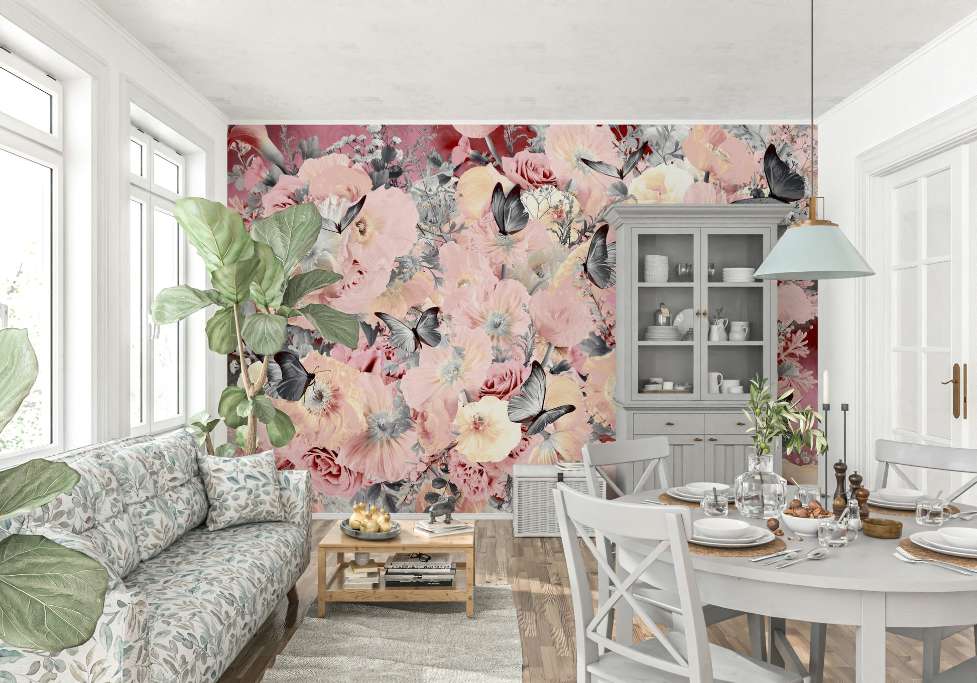 A contemplative floral pattern wallpaper mural for a feature wall.
