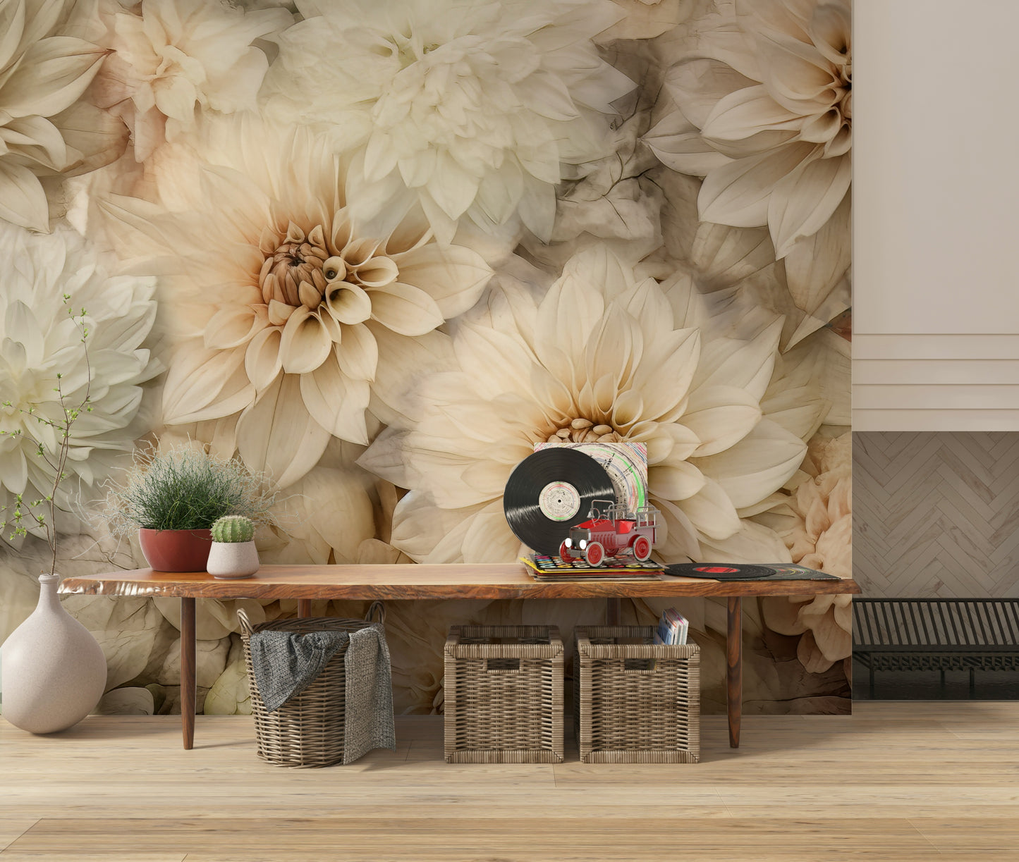 A graceful subtle flower wall mural in soft, elegant tones.