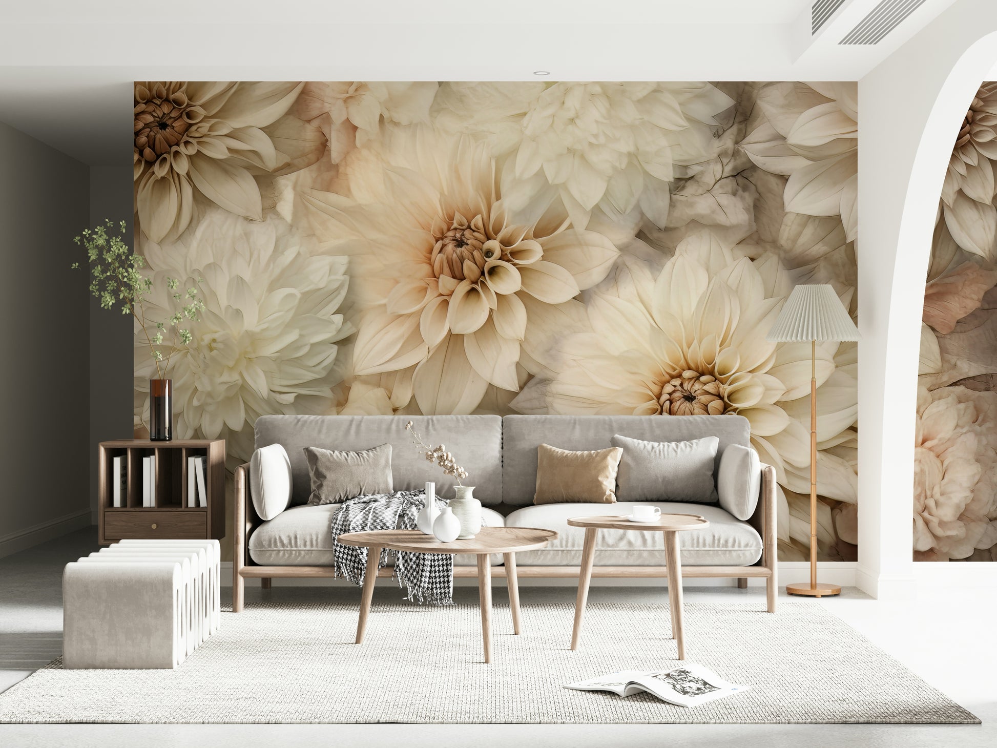 A serene flower pattern wall mural for minimalist decor.