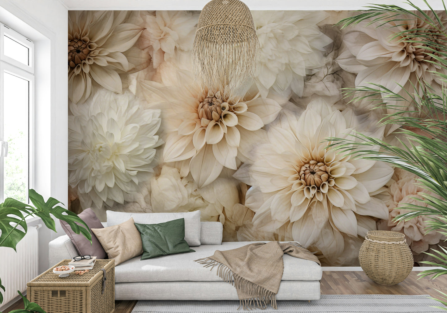 A peaceful flower outline mural on decorative wallpaper.
