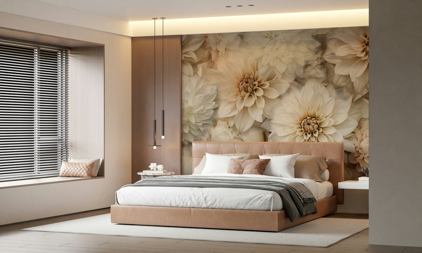 An artistic delicate bloom mural on soft wallpaper.