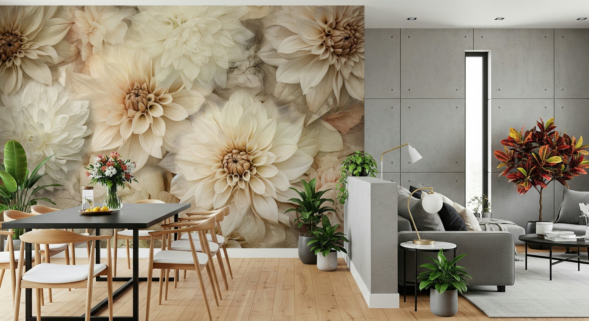 A contemplative floral design wallpaper mural for a feature wall.