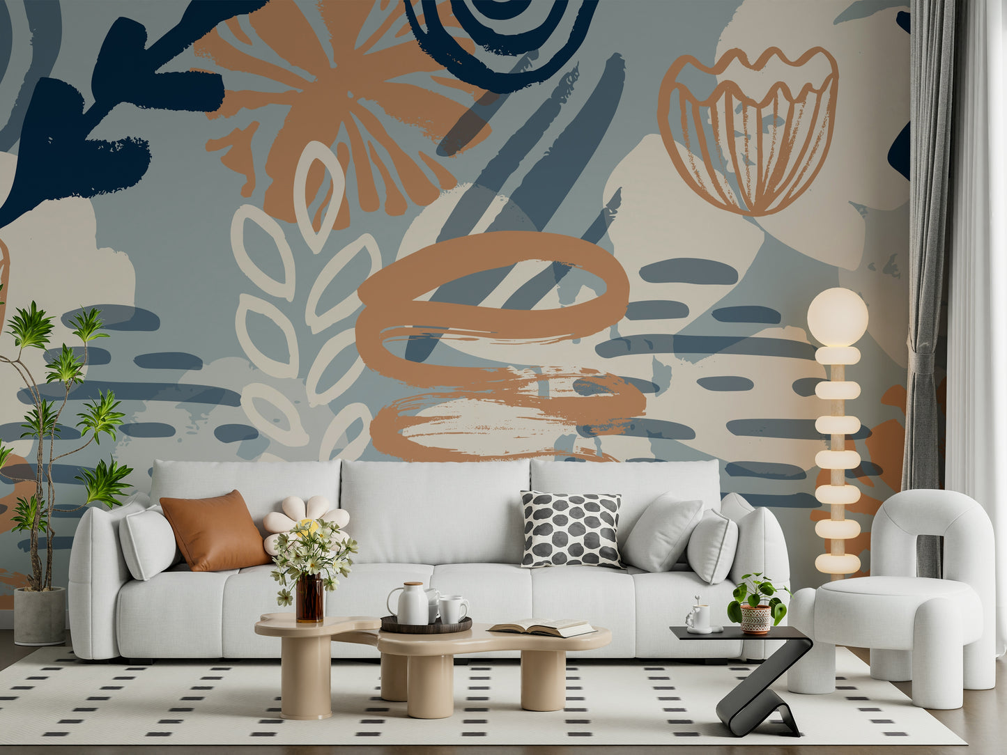 A calming abstract design wallpaper mural that defines a space.