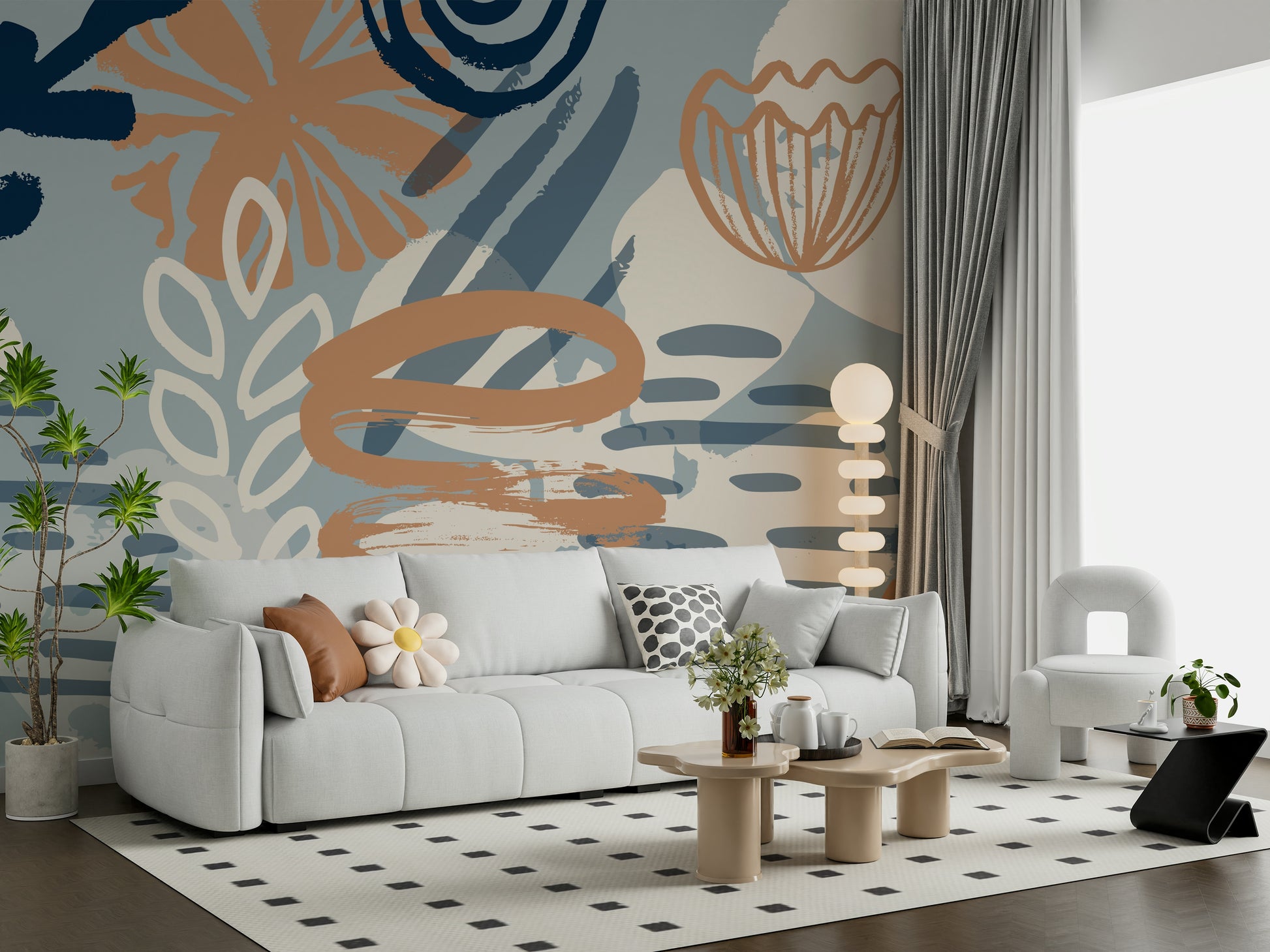 A contemplative gentle watercolor wallpaper mural for a feature wall.