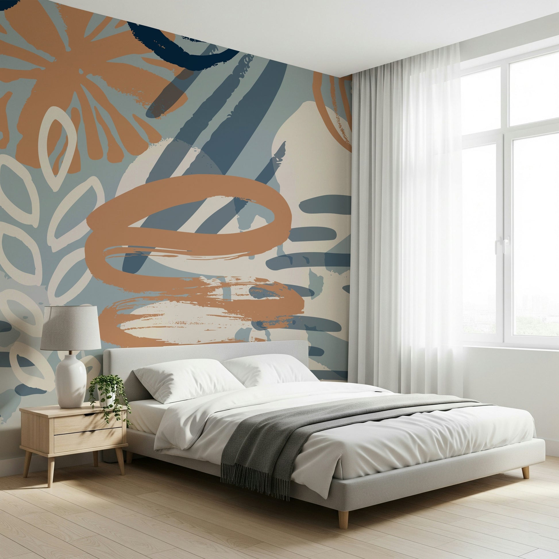 An artistic soft focus mural on minimalist wallpaper.