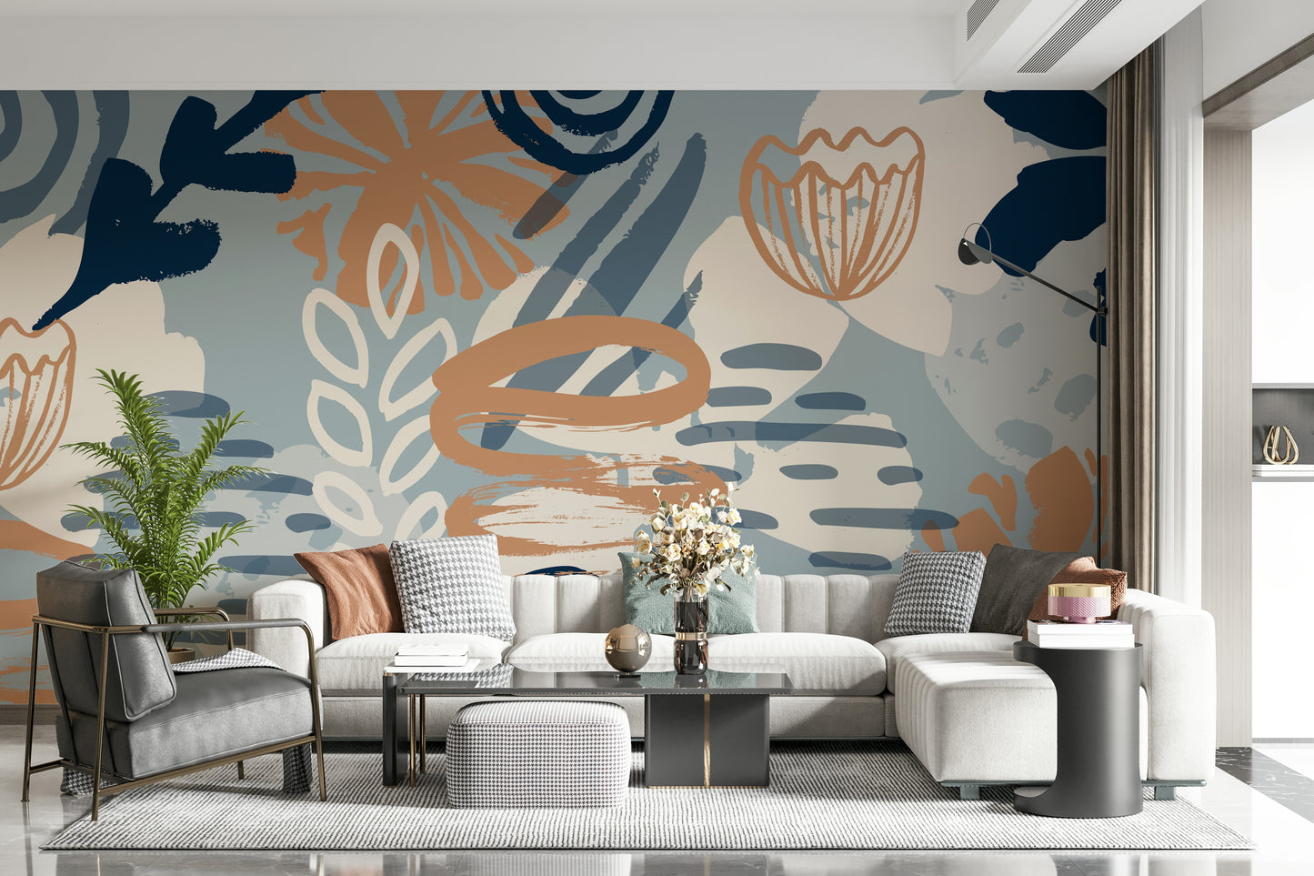 A peaceful modern abstract mural on decorative wallpaper.