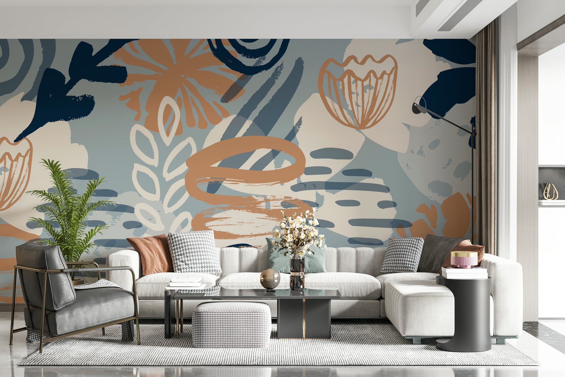 A peaceful modern abstract mural on decorative wallpaper.