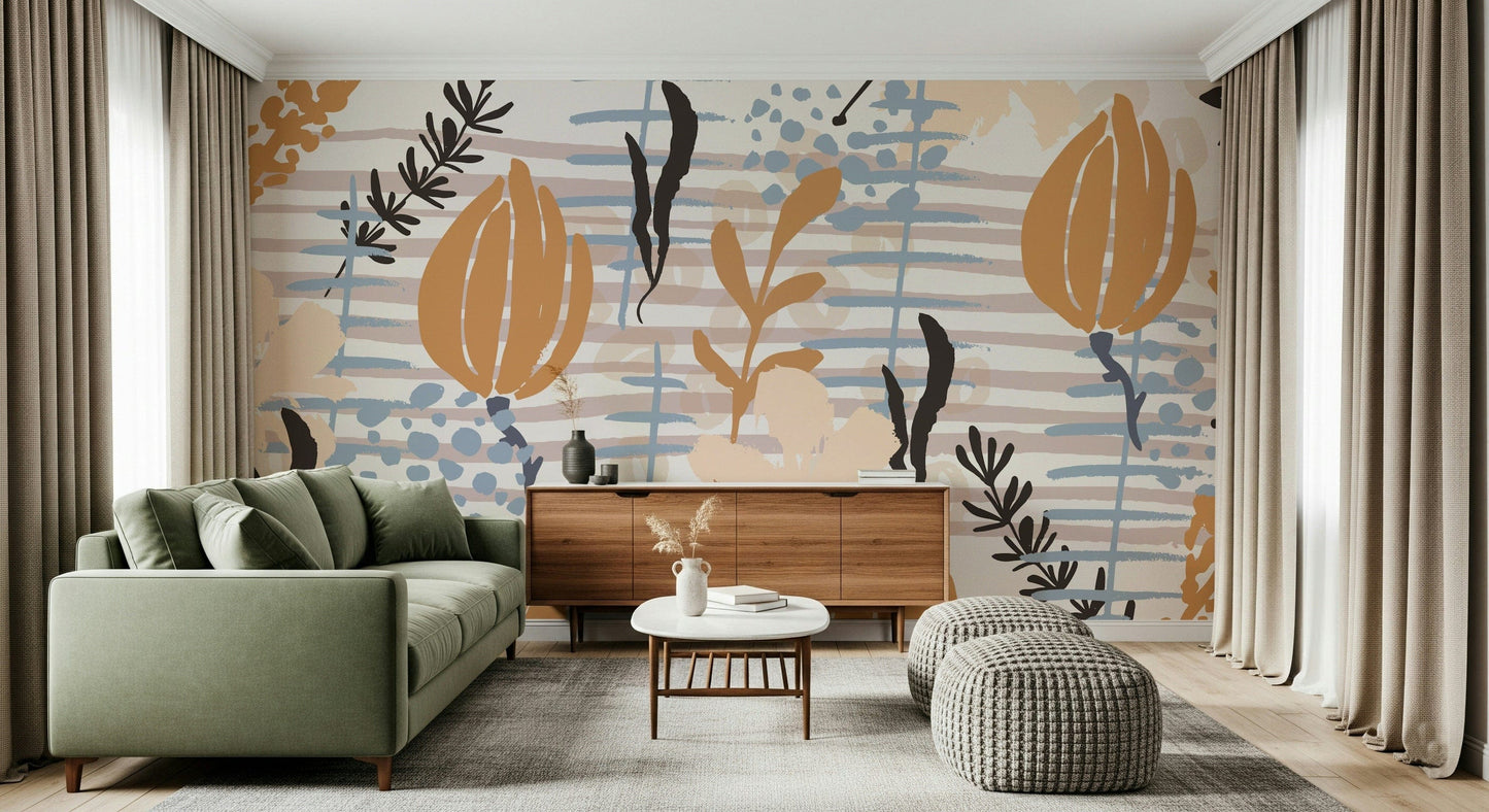 A beautiful modern art wall mural of plant leaves.