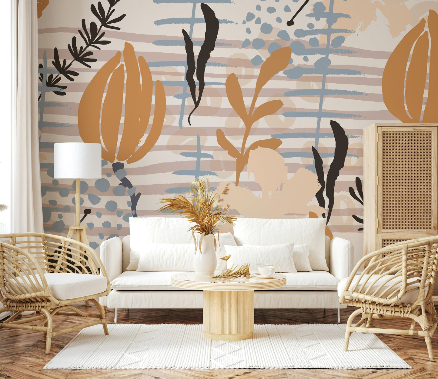 A peaceful botanical stripe mural on decorative wallpaper.