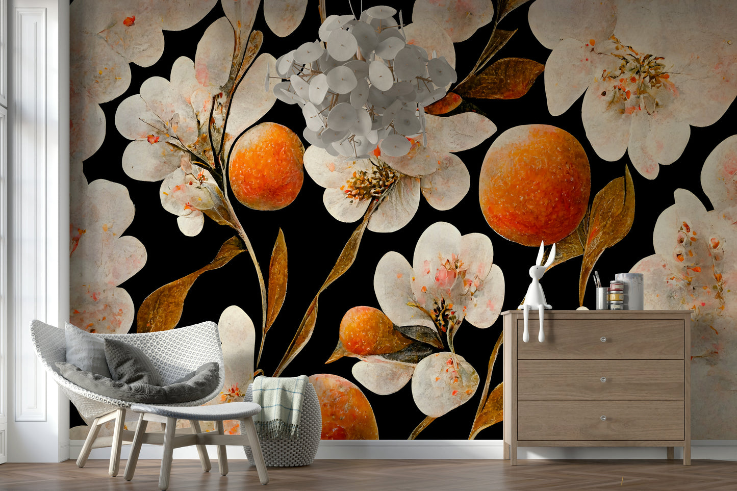 A peaceful botanical design mural on decorative wallpaper.