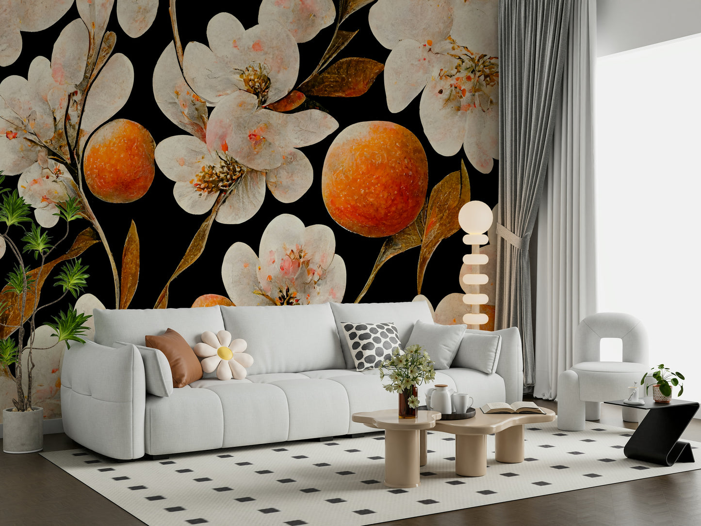 A graceful subtle flower wall mural in bright, fresh tones.