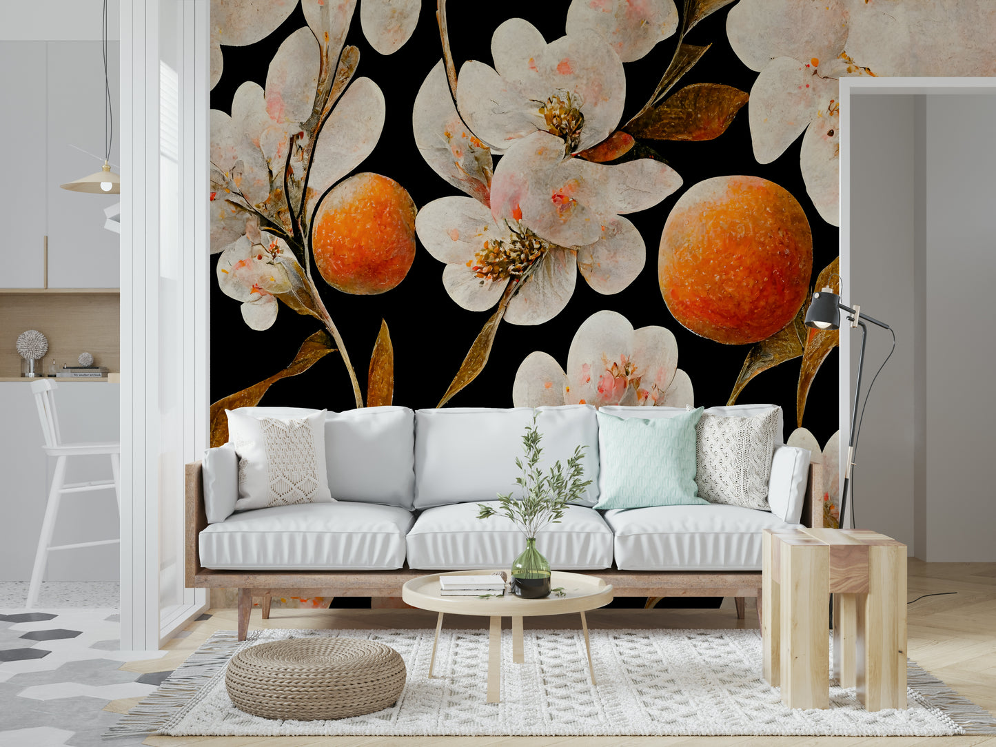 A serene floral pattern wall mural with vibrant orange fruit.