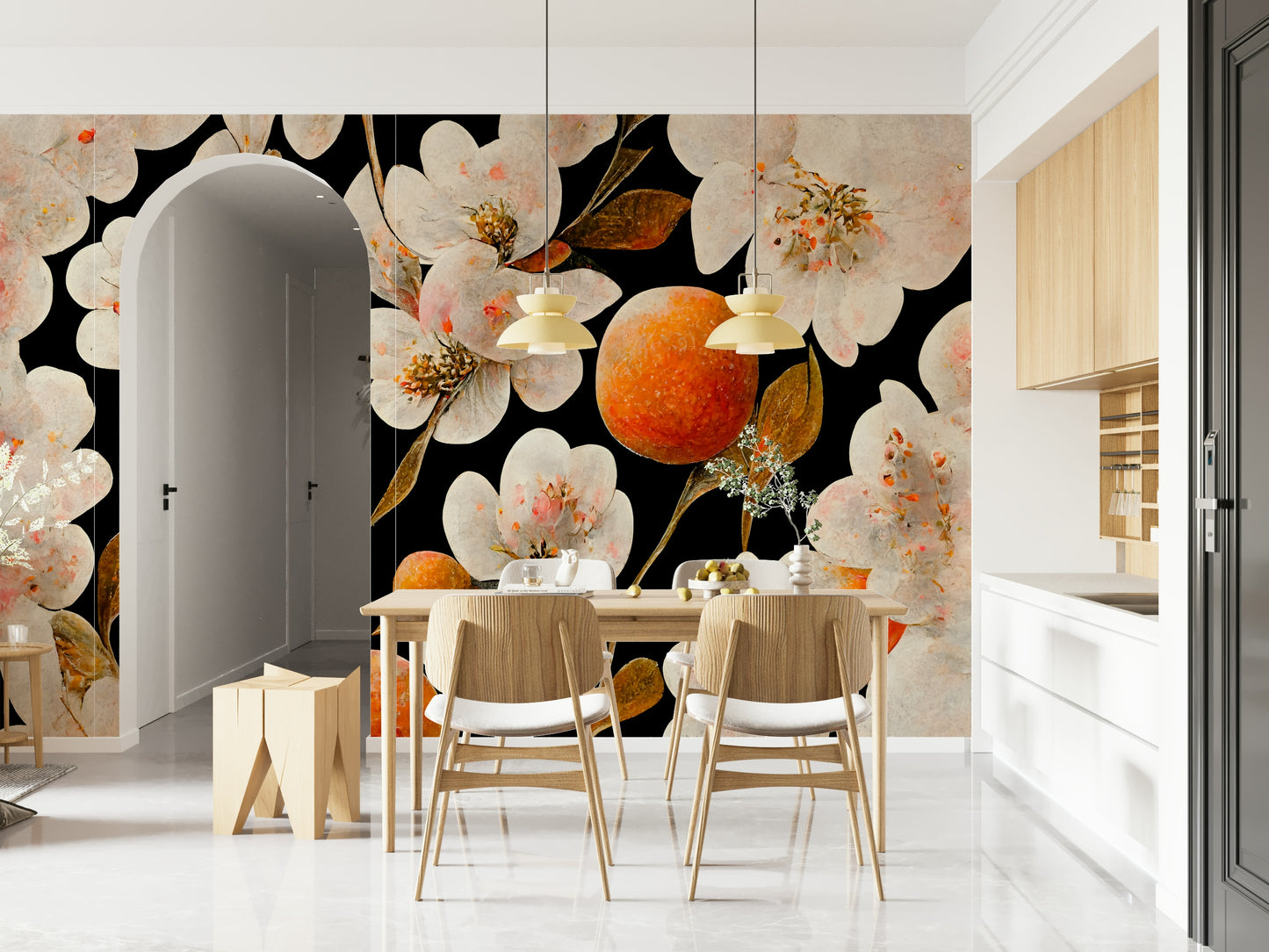 A contemplative lush orange tree wallpaper mural for a feature wall.