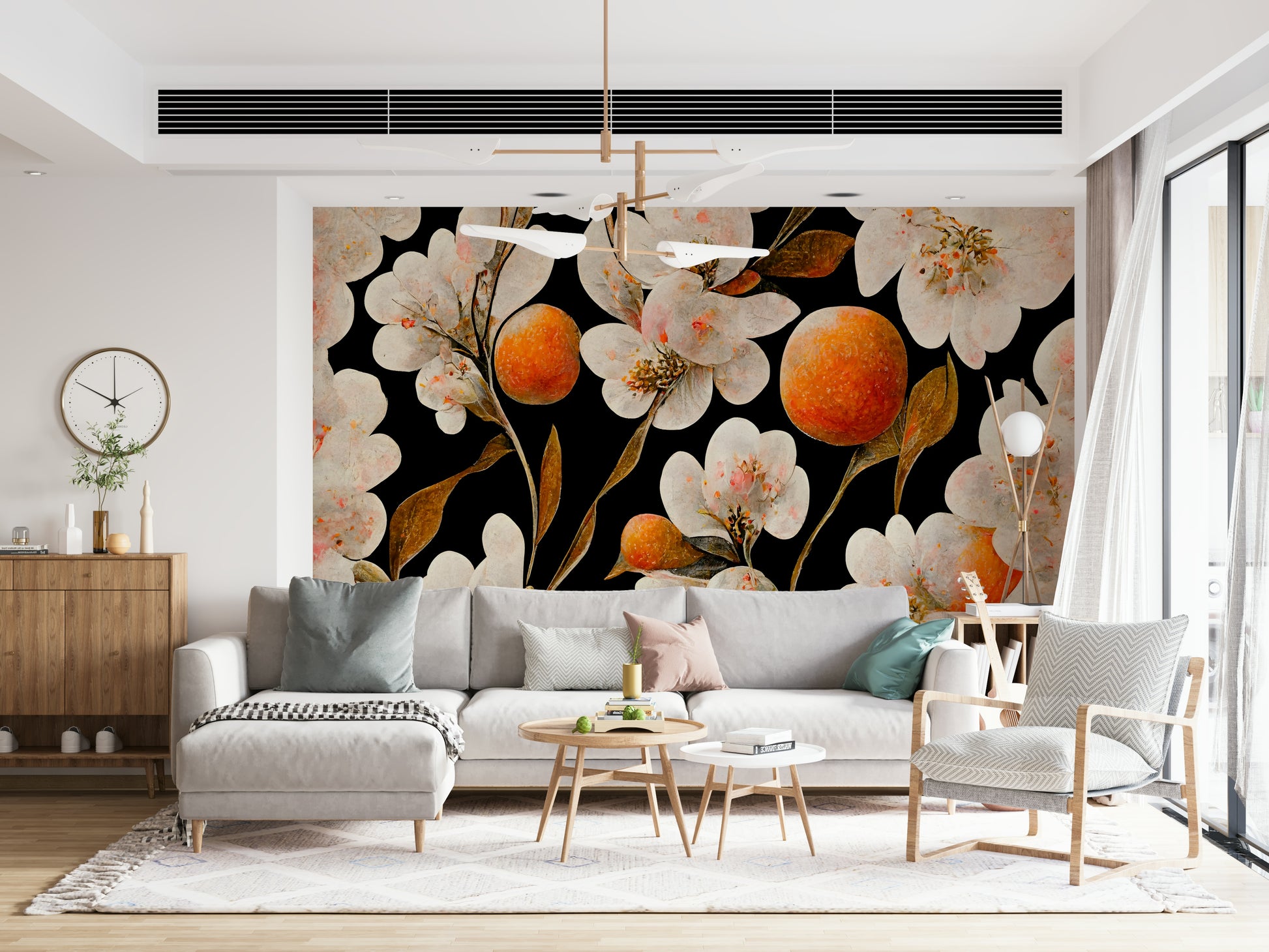 A beautiful citrus blossom wallpaper mural for a modern home.