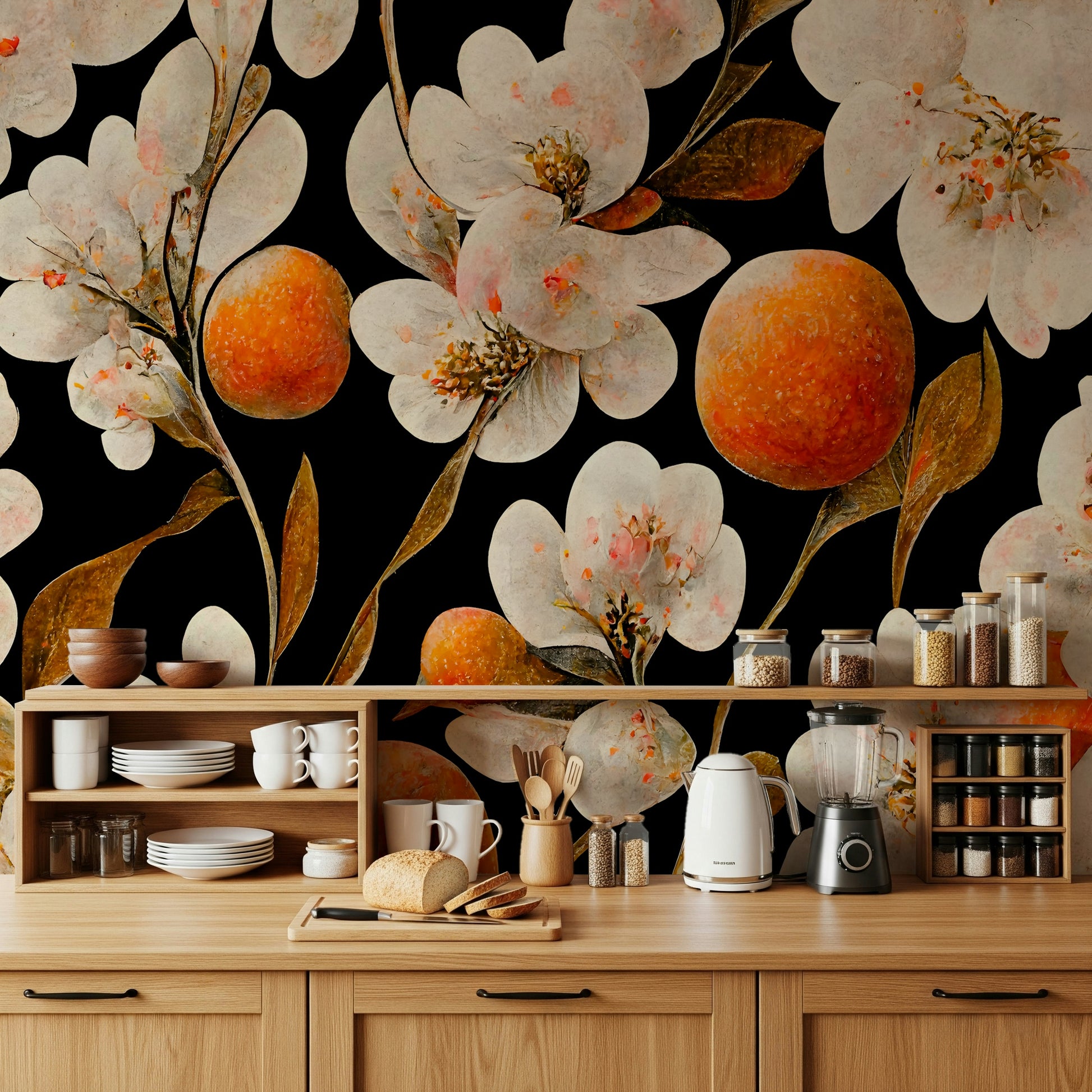 A calming citrus flower wallpaper mural that defines a space.