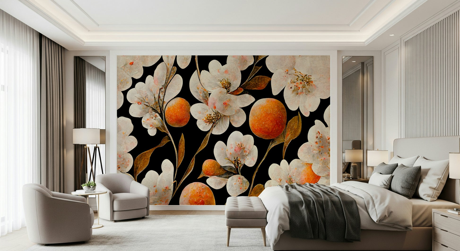A classic floral wallpaper for walls with a citrus theme.