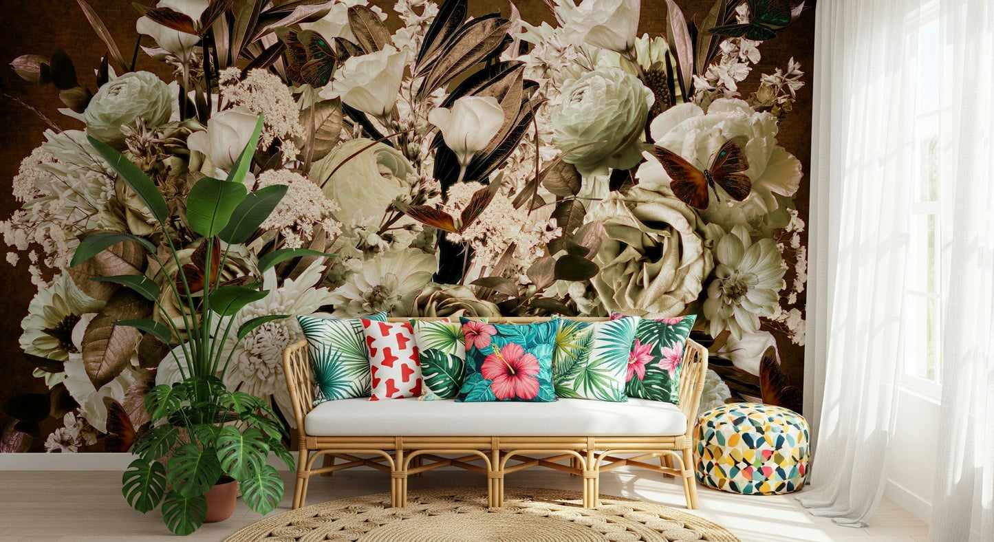 A peaceful flower design mural on decorative wallpaper.