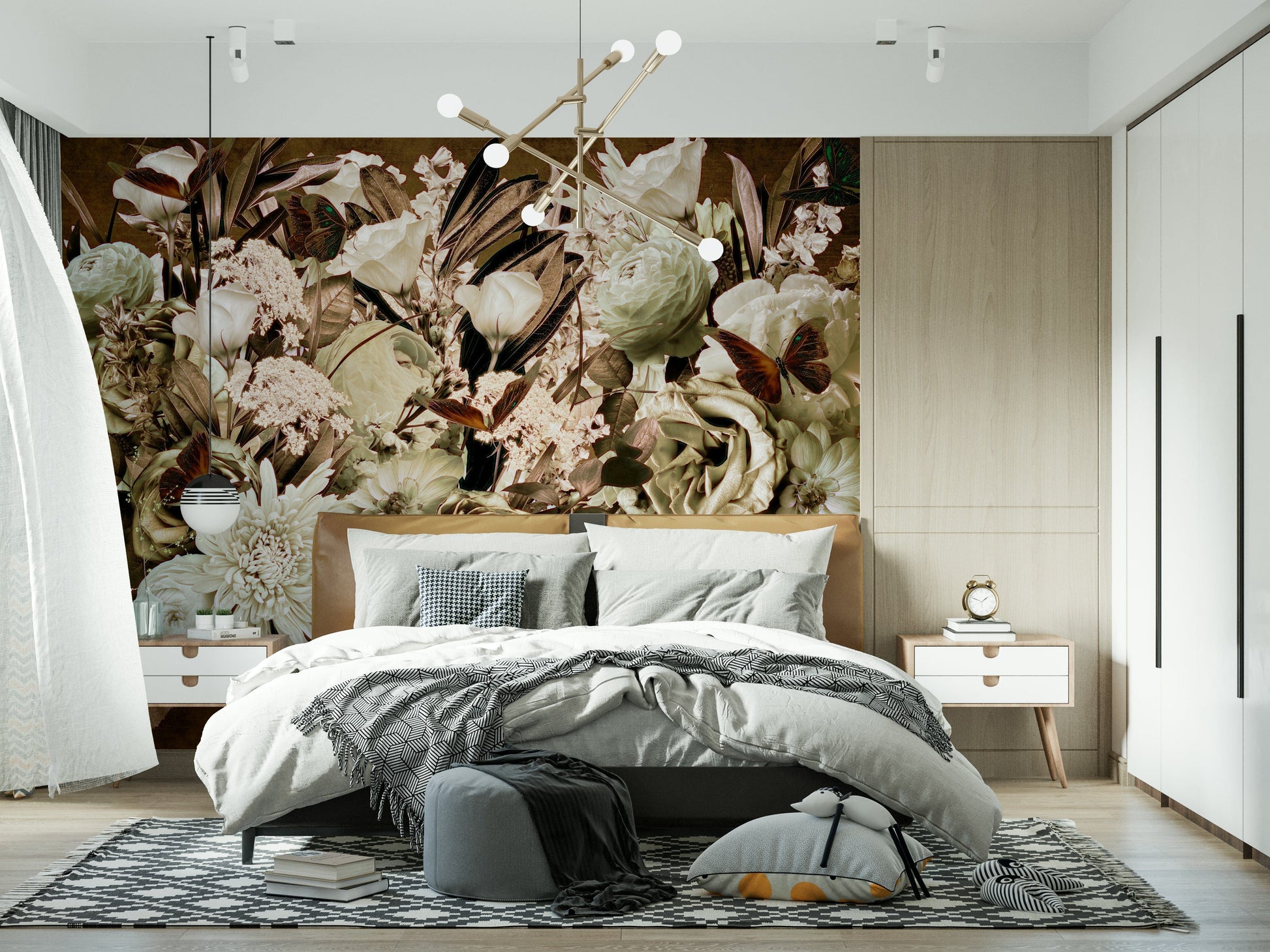 A contemplative floral pattern wallpaper mural for a feature wall.