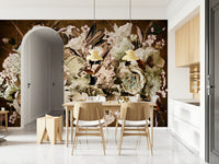 An artistic delicate bloom mural on minimalist wallpaper.