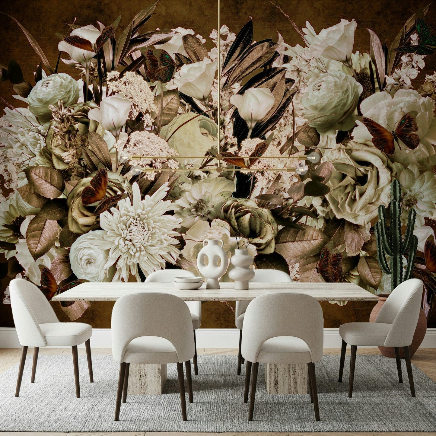 A graceful subtle bloom wall mural in soft, faded tones.