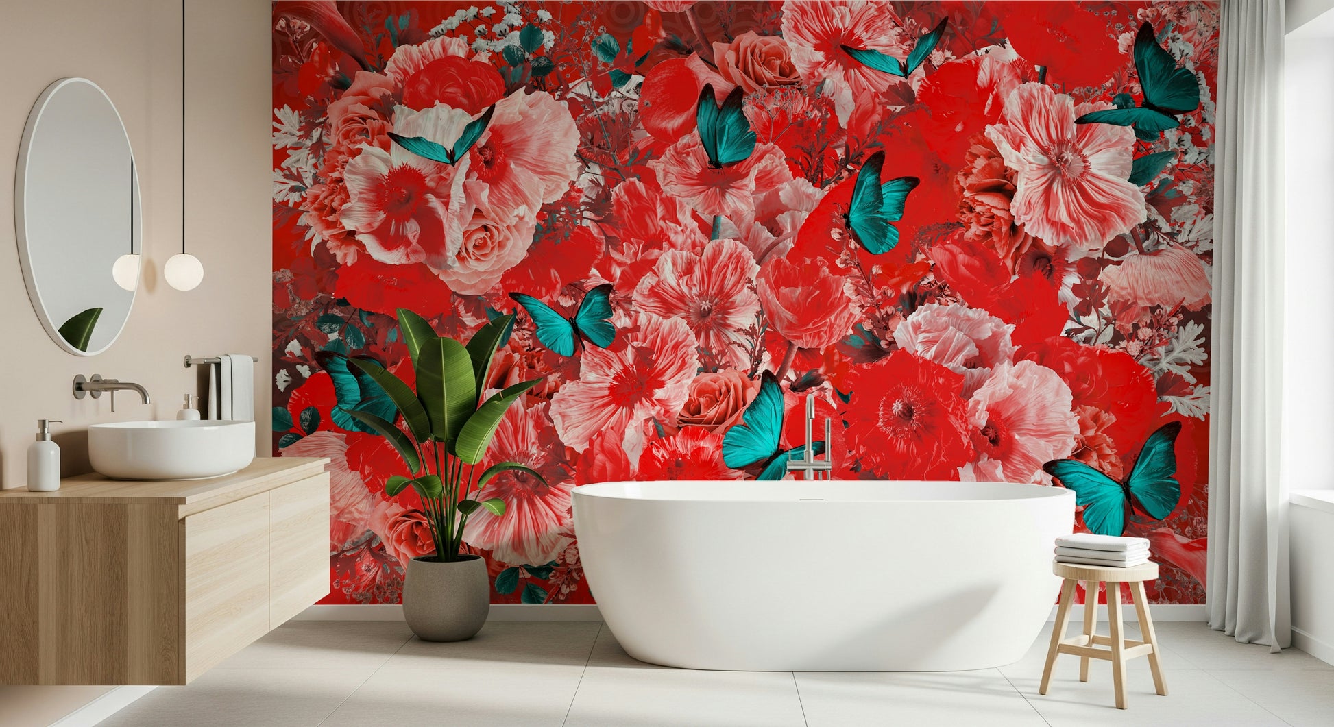 An artistic delicate bloom mural on minimalist wallpaper.