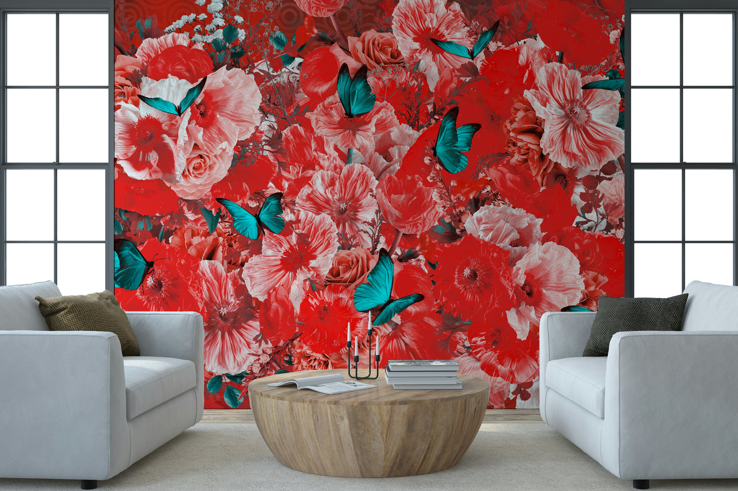 A serene subtle flower wall mural in deep, rich red tones.