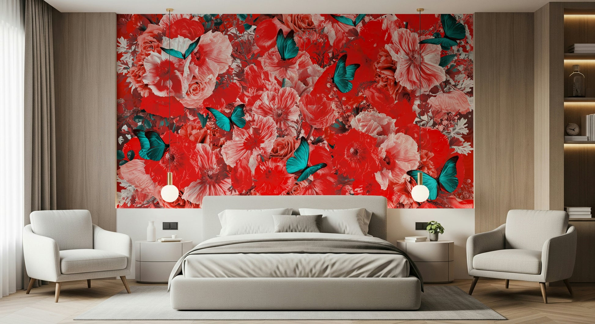 A calming floral design wallpaper mural that defines a space.