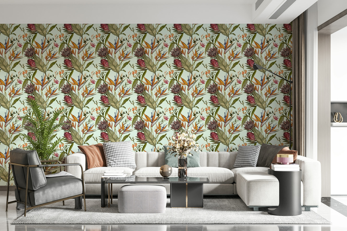 A beautiful exotic botanical wallpaper mural for a modern home.