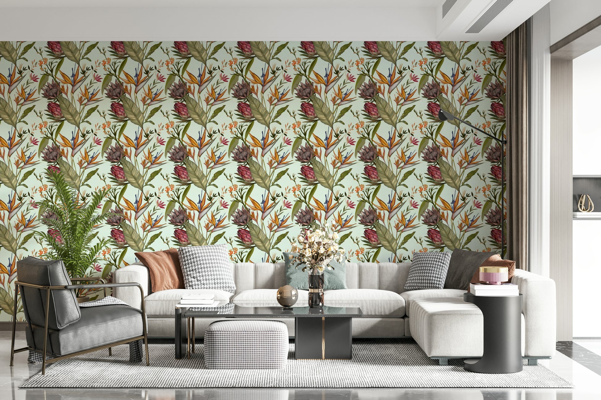 A beautiful exotic botanical wallpaper mural for a modern home.