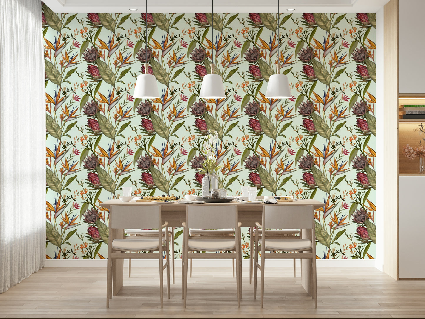 A peaceful wide-angle mural on decorative wallpaper.