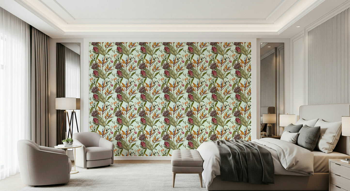 A contemplative exotic rainforest wallpaper mural for a feature wall.