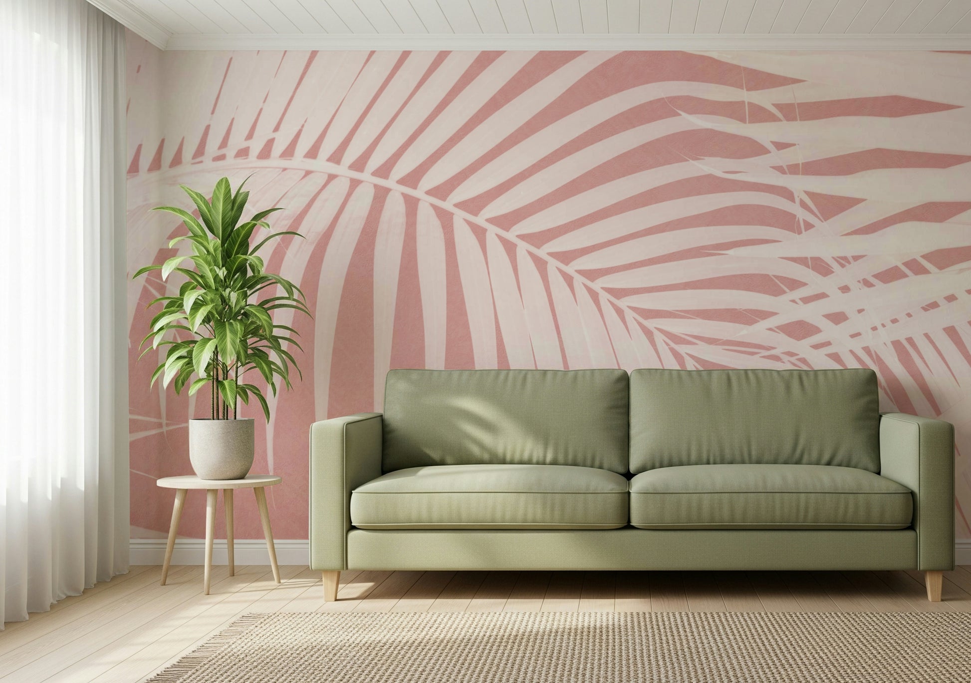 A contemplative subtle leaf wallpaper mural for a feature wall.