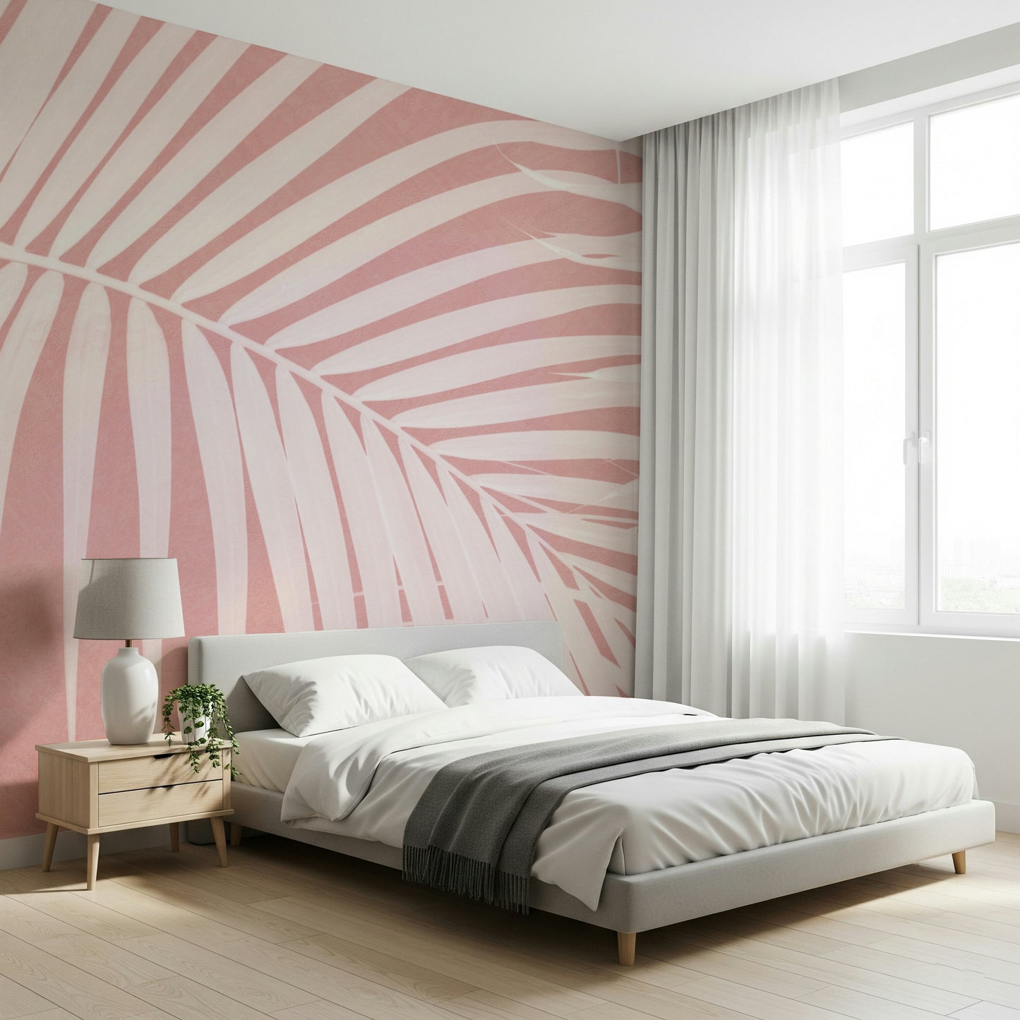 An artistic lush palm mural on minimalist wallpaper.