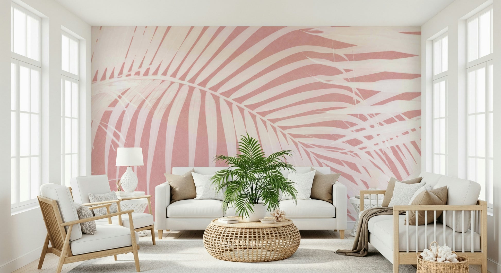 A graceful subtle palm wall mural in soft, tranquil tones.