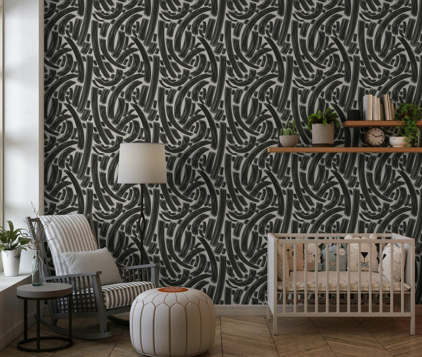 An artistic graphic design mural on minimalist wallpaper.