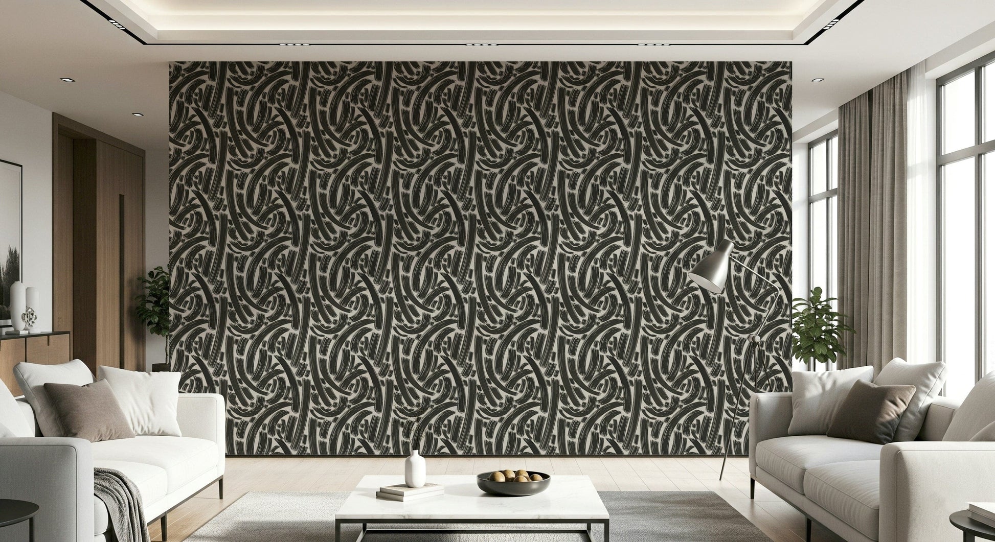 A contemplative strong line wallpaper mural for a feature wall.