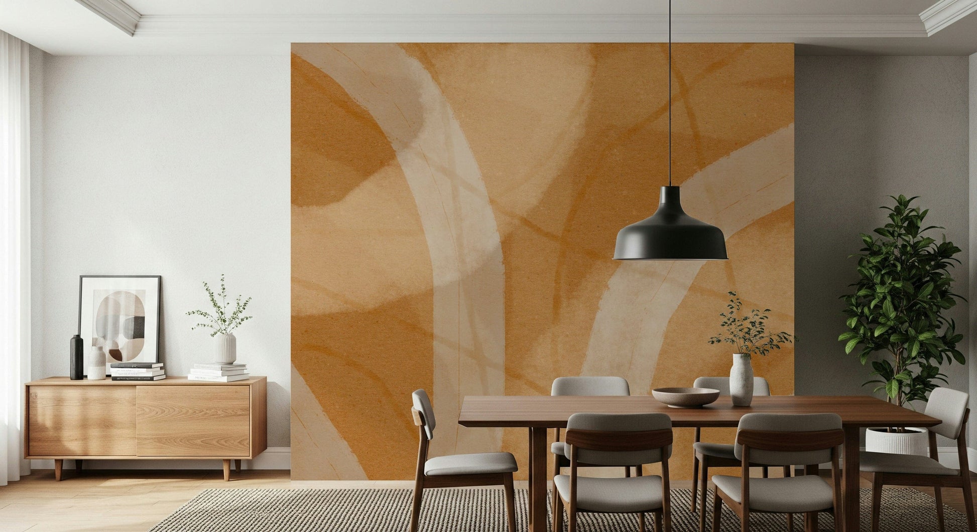 An artistic modern pattern mural on minimalist wallpaper.