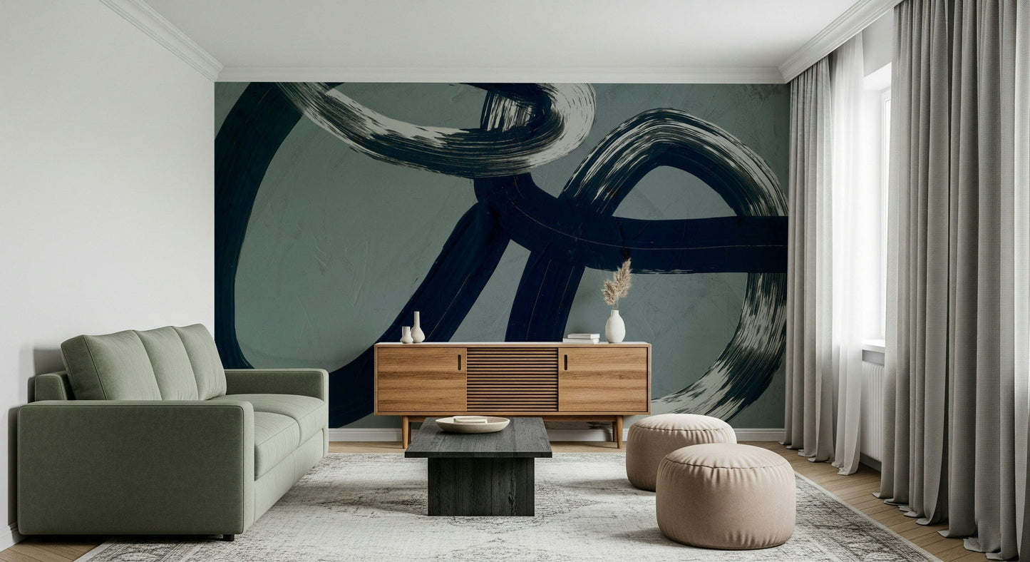 A graceful modern abstract wall mural in cool, natural tones.