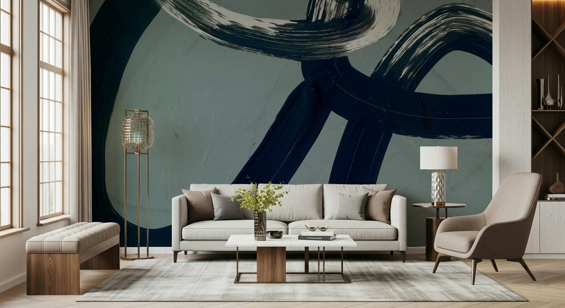 An artistic abstract curve mural on minimalist wallpaper.
