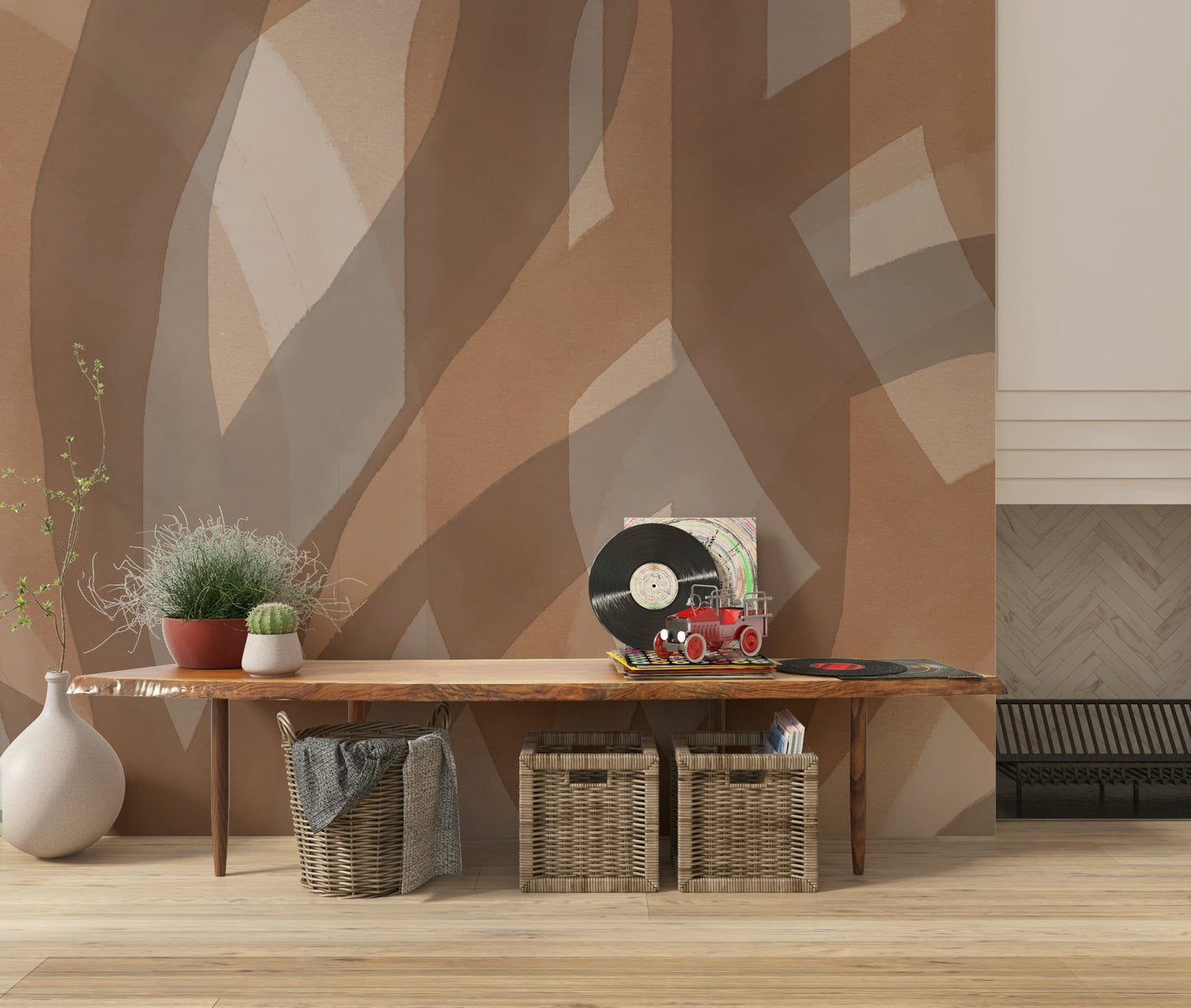 A graceful subtle pattern wall mural in warm, earthy tones.