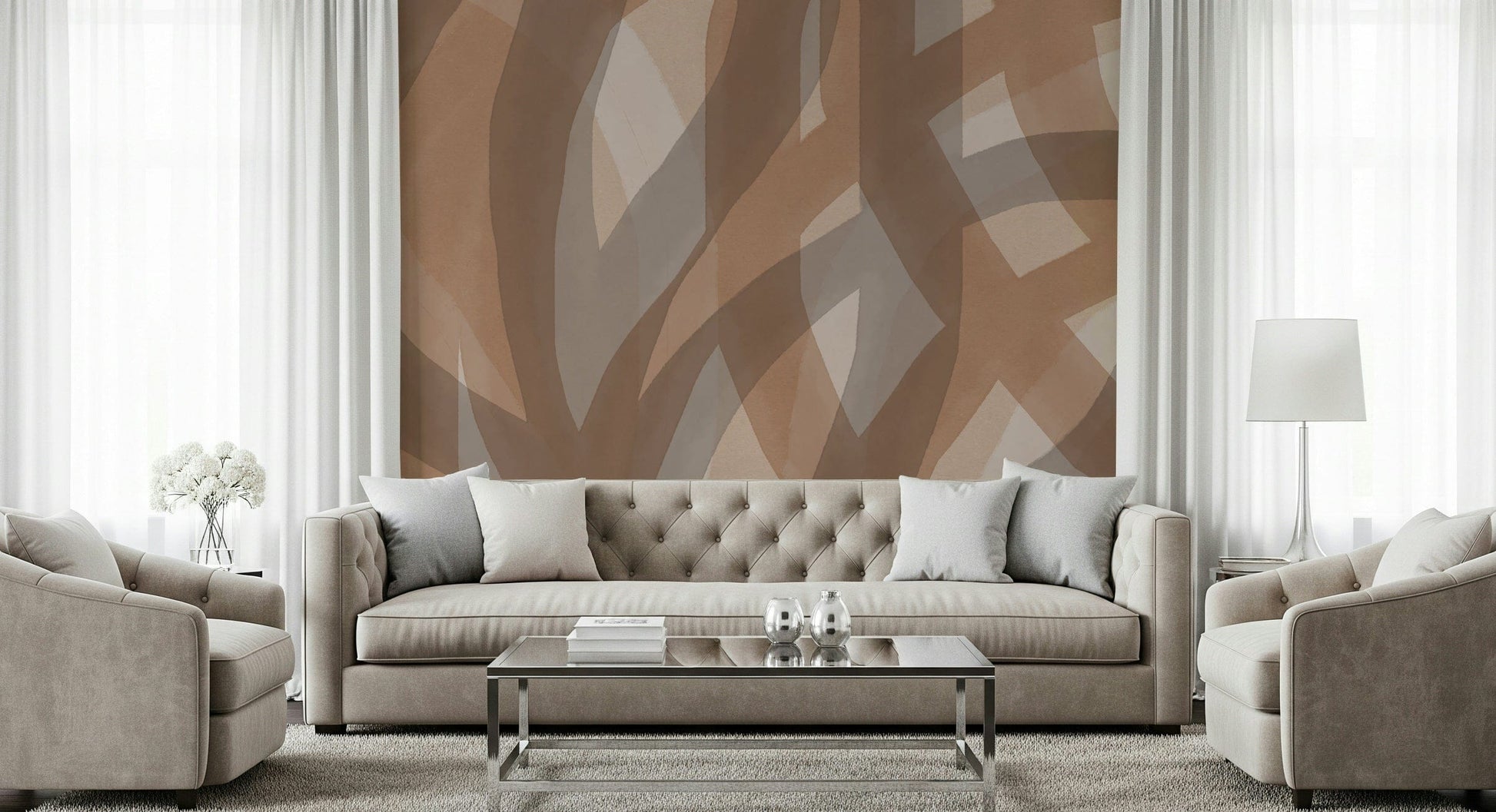 A calming abstract design wallpaper mural that defines a space.