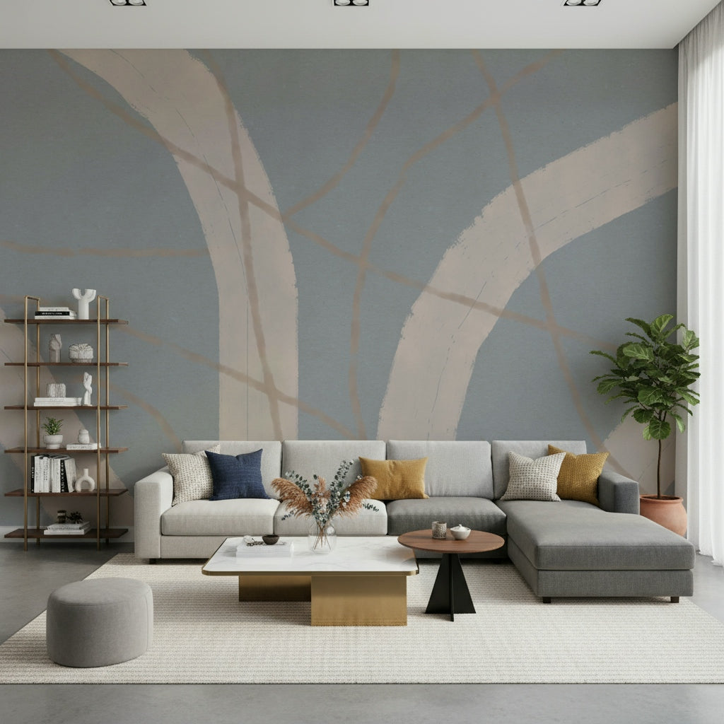 A peaceful modern abstract mural on decorative wallpaper.