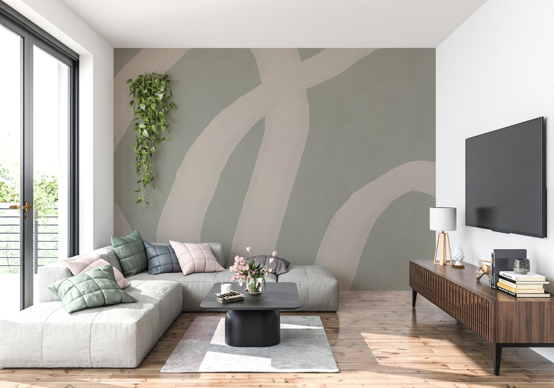 A graceful gentle curve wall mural in cool, tranquil tones.