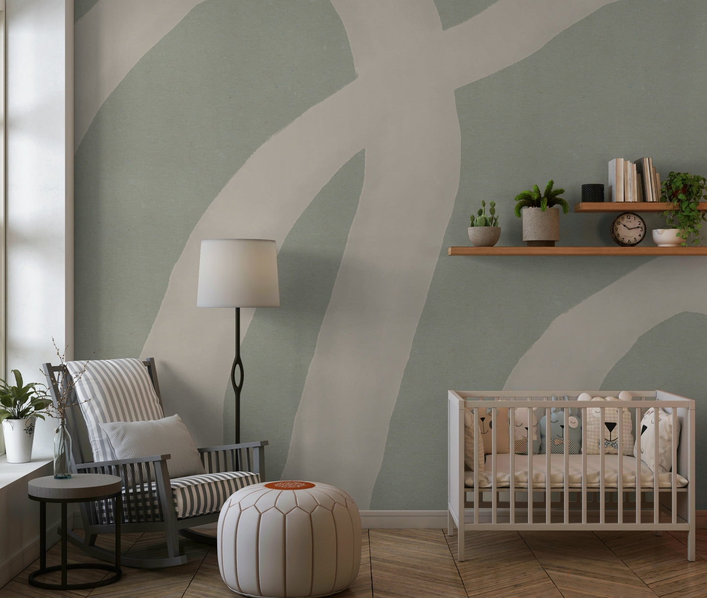 An artistic soft flowing mural on minimalist wallpaper.