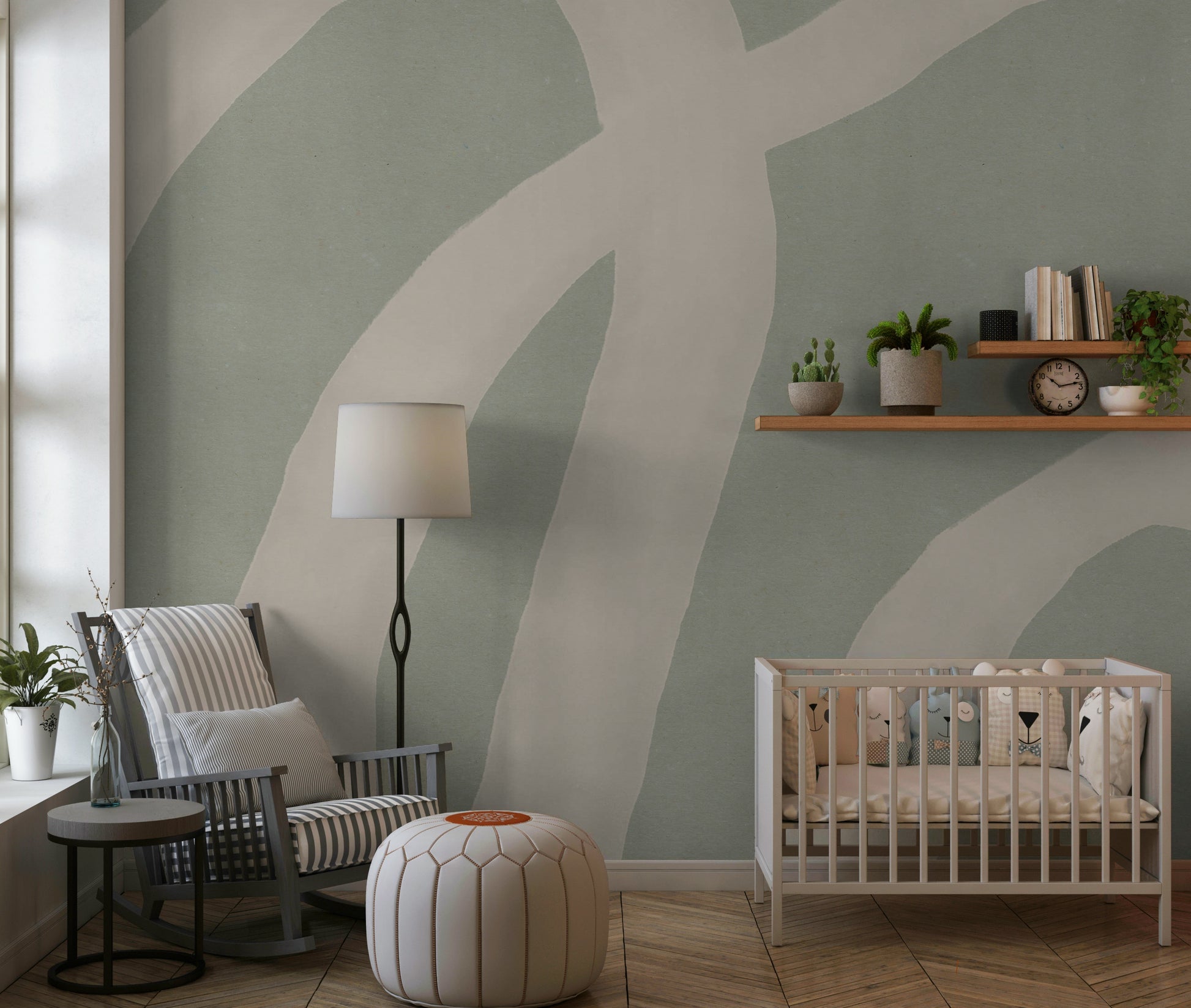 An artistic soft flowing mural on minimalist wallpaper.