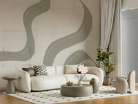 A peaceful modern abstract mural on decorative wallpaper.