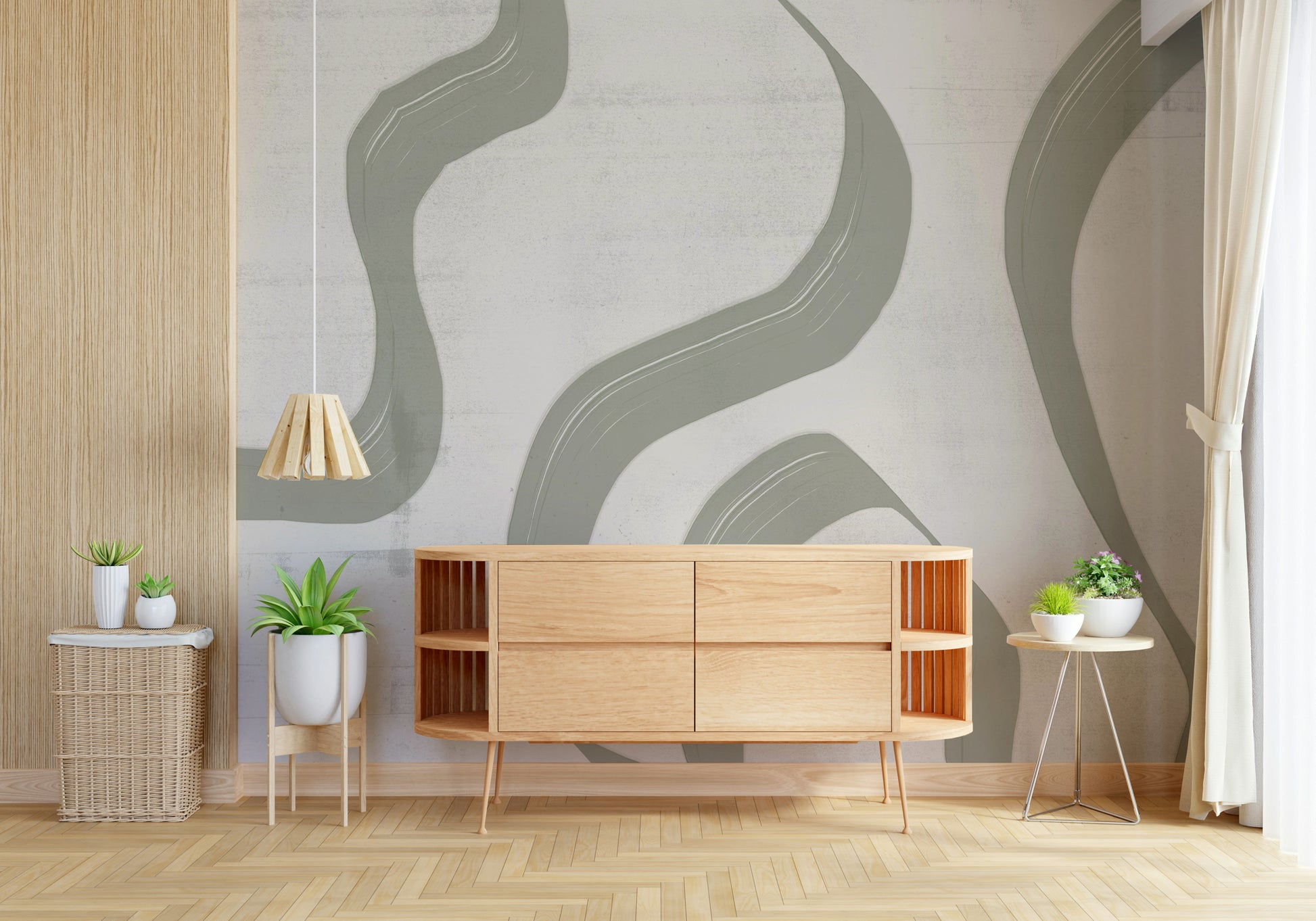 A graceful subtle pattern wall mural in cool, natural tones.