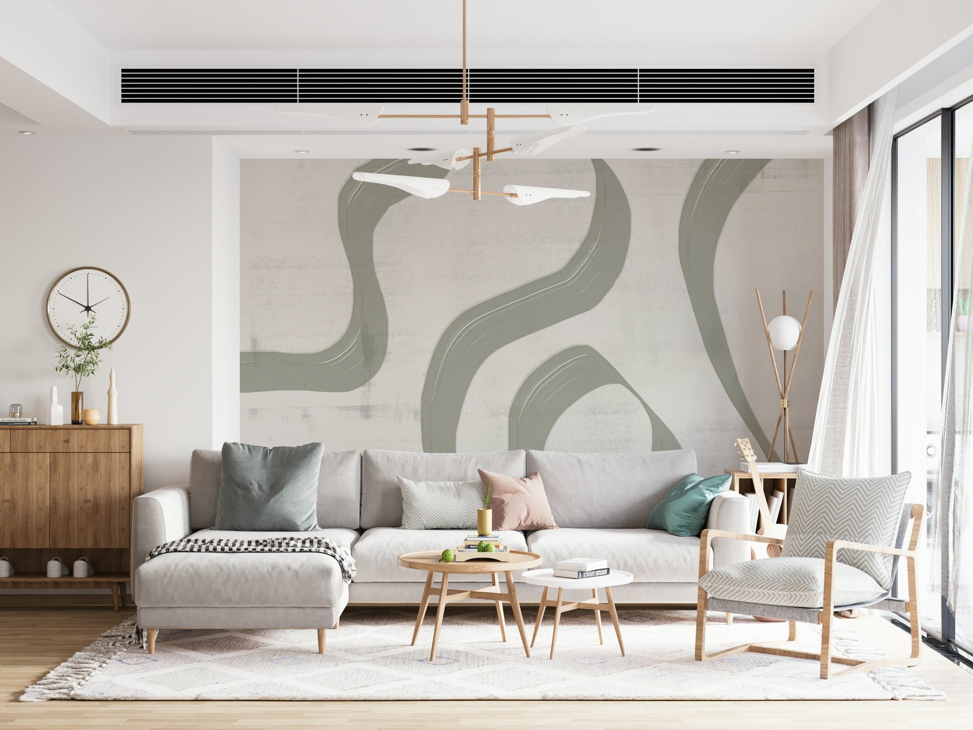 A contemplative gentle green wallpaper mural for a feature wall.